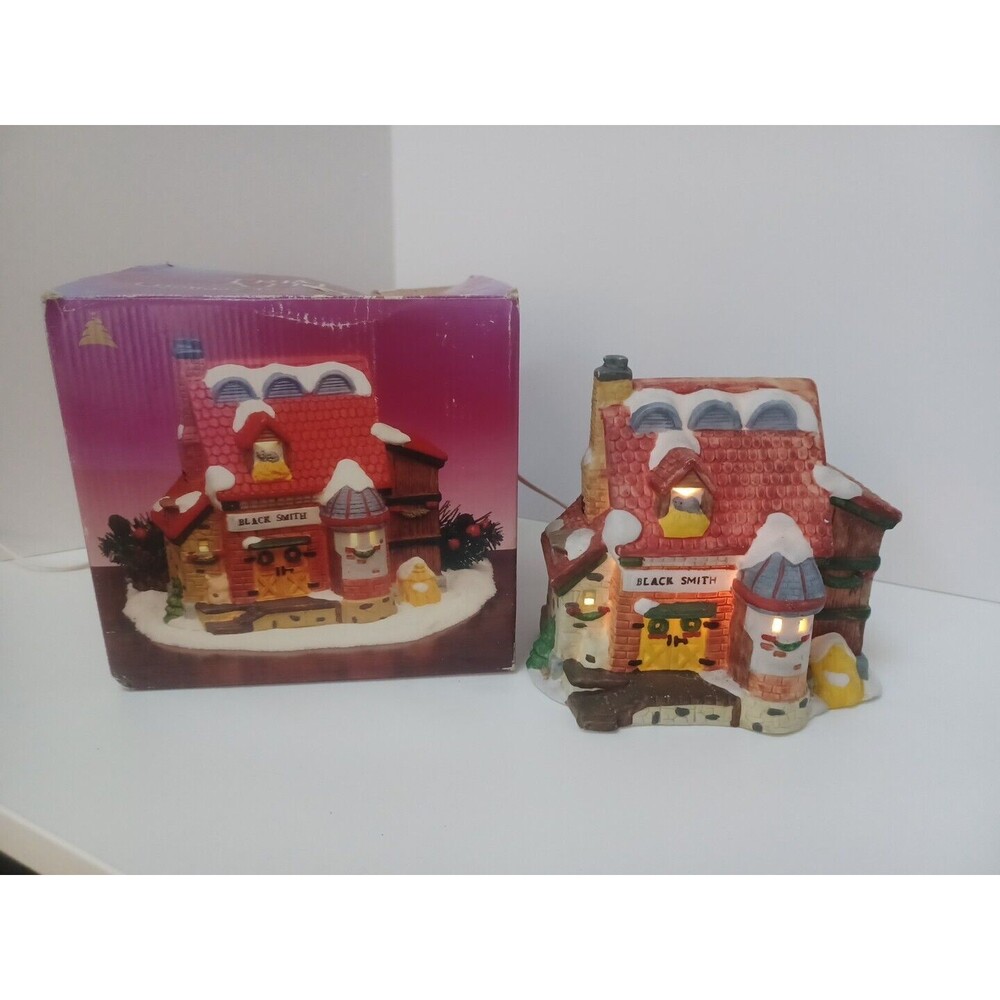 **Vintage‎ TRIM-A-HOME BLACKSMITH SHOP LIGHTED CHRISTMAS VILLAGE 1996 w/BOX